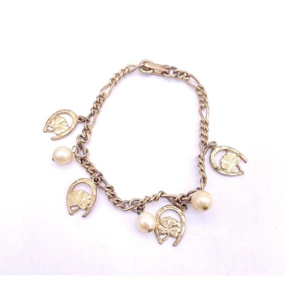 Marino Beaded 4 clover horse shoe good luck Chain Charm Bracelet Gold Tone